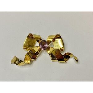 Gold Tone Sterling Marked Bow Ribbon With Purple Stone Brooch Pin Estate Find
